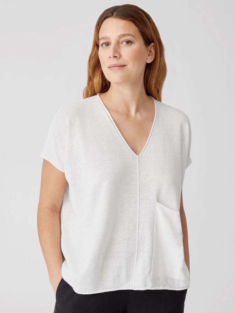 Eileen Fisher Organic Linen Cotton V-Neck Pocket Square Top In White Size Medium